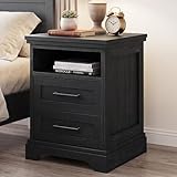 DUMOS Nightstand with Charging Station, Wood Farmhouse Bedside Table with 2 Drawers and Open Shelf, Wood End Table, Modern Side Table for Bedroom, Black