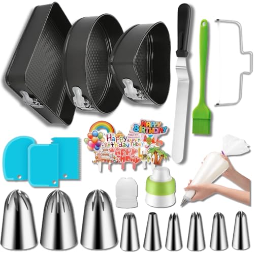 zhonglinhua99pcs Cake Pan Set with Removable Base, Cake Decorating Supplies with 3 Nonstick Bakeware Springform Pans (8" 9" 10"), Numbered Icing Piping Tips and Other Baking Supplies for Cheesecake