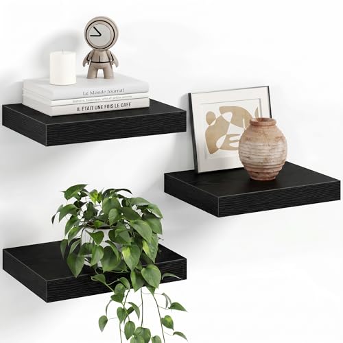 Image of Fun Memories Floating Shelves for Wall with Invisible Brackets, 10 Inch Wall Mounted Wood Shelves with Wood Grain for Living Room, Bedroom, Bathroom, Kitchen Decor and Storage, Black - Set of 3