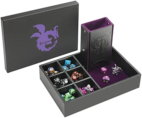 Grajar DND Dice Tray and Dice Tower with Storage, 3 in 1 Dice Rolling Tray with Lid, Portable Dice Box Storage, DND dice Holder for Dungeons and Dragons D&D RPG MTG Table Games - Purple