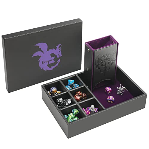 Grajar DND Dice Tray and Dice Tower with Storage 3 in 1 Dice Rolling Tray with Lid Portable Dice Box Storage DND dice Holder for Dungeons and Dragons D&D RPG MTG Table Games - Purple