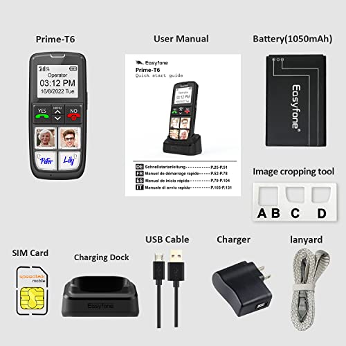 Easyfone T6 4G Easiest-To-Use Cell Phone | Unlocked For T-Mobile, Metro, Tello, Speedtalk, And Redpocket(At&T) | Four Large Direct Dial Picture Buttons | Sos Button | Convenient Charging Dock #TOP6