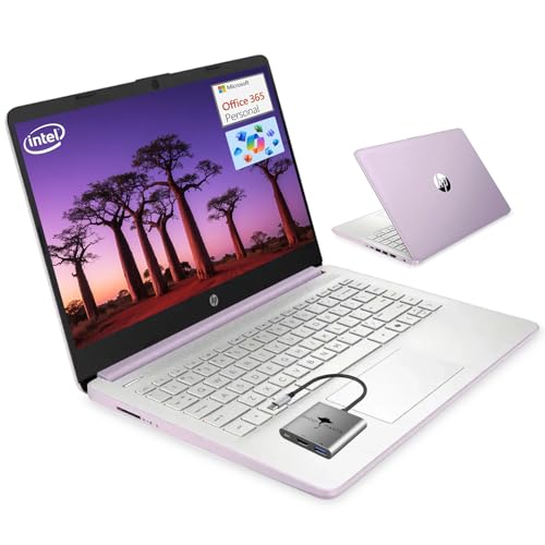 HP 14 学生用ノートパソコン 新学期、クアッドコアプロセッサー (最大3.6GHz) 4GB RAM 128GBストレージ、1年間のOffice 365 Copilot AI Win11、Honey Lavender