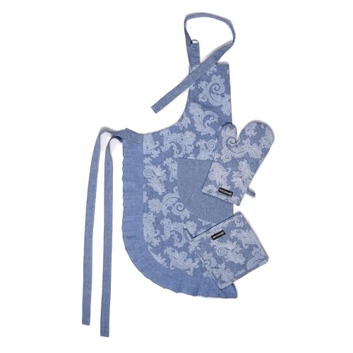 Image of Encasa XO 100% Cotton Apron Set for Women & Men with Adjustable Apron, Oven Gloves & Pot Holder (Pack of 3) Combo, Heat-Resistant, Soft & Durable for Cooking, Baking & Grilling (Floral Blue)