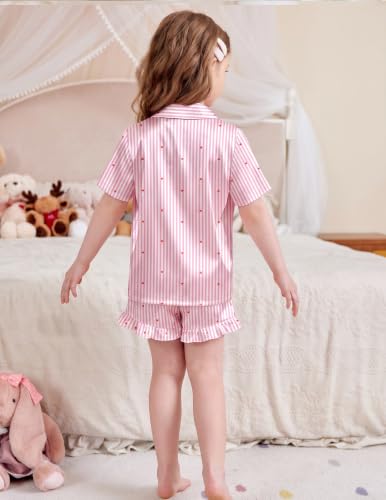 Image of Arshiner Girls Pajamas Silk Satin Pajama Set Button Pjs Ruffle Sleepwear | 2 Piece Nightwear, Silky Soft Lounge for Little & Big Kids, Ideal for Sleeping and Sleepover Party