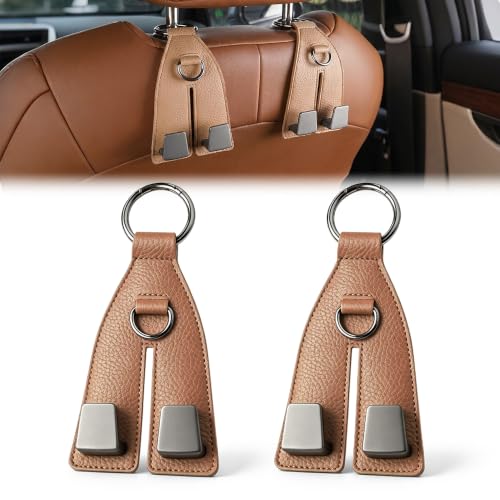 Image of Premium Leather Wrapped Design (Brown, 2pcs) | Double Hook Storage | Space Saving Car Organizer | Easy Headrest Installation