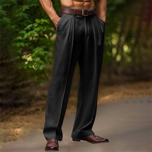 Mens Pleated Work Dress Pants Regular Fit Belt Waist Business Suit Pant Cotton Linen Wide Leg Office Lounge Trousers2