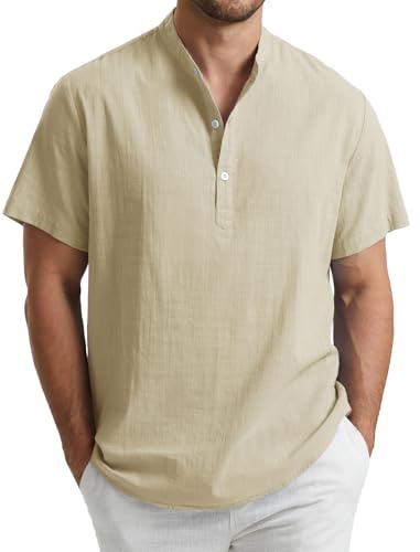 Enlision Chemise en Lin Homme Crème Manche Courte Été Chemises Homme Col Mao Chemisette Leger Décontracté Henley Tee Shirt de Plage Vacances Henley Grande...