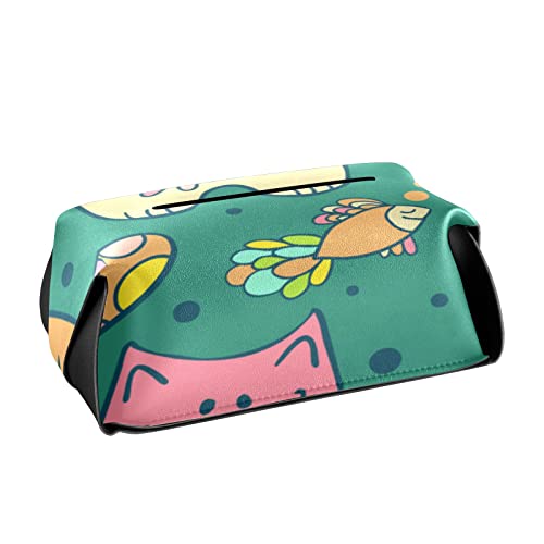 Boîte à mouchoirs Chat Mangeant du Poisson Support de boîte à mouchoirs Simple carré en Cuir PU Support de boîte à mouchoirs de Voiture pour comptoir de vanité de Salle de Bain, Tables de Nuit, burea Cover