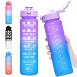 Water Bottle with Straw, 32oz Motivational Water Bottles with Time Marker, LeakProof Tritan BPA Free,Sports Water Bottle with Handle for Women Man Gym Fitness Outdoor (Purple)