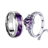 Custom Engraved Couple Rings Set Promise Rings for Him and Her Purple Matching Wedding Rings for Couples Black and Blue Titanium Rings for Men Wedding Band CZ Engagement Ring for Women (Silver+Purple)