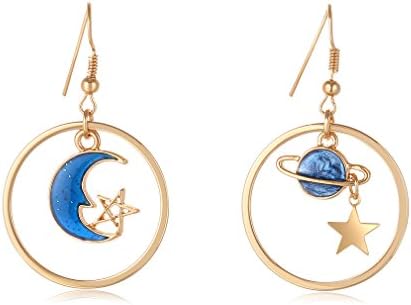 SUNSCSC Enamel Moon Star Earth Planet Drop Hook Earrings Long Pendant Dangle Jewelry for Woman Girls (Short W756)