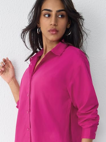 Image of The Souled Store Solids: Women and Girls Full Sleeves Spread Collar Solid Cotton Oversized Fit Lightweight Summer-Ready Casual Streetwear Boyfriend Shirt