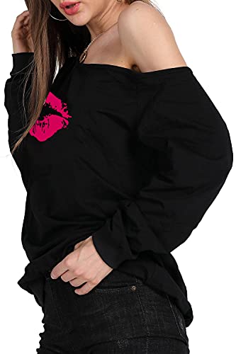 Image of MAGICMK Woman's Sweatershirt Lips Print Causal Blouse Off The Shoulder Long Sleeve Loose Slouchy Pullover Plus Size Tops