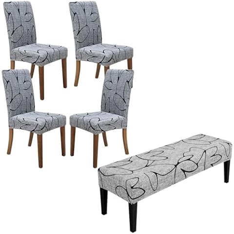 SPRINGRICO Slipcovers Bundle Products, Dining Room Chair Covers Set of 4, Dining Bench Cover Stretch, Washable Chair & Bench Slipcover (Lotus Gray) Cover