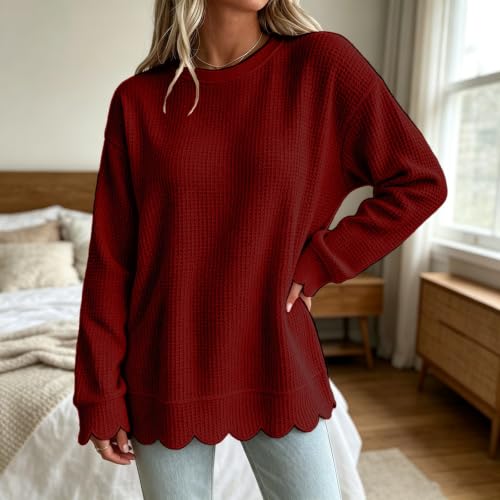 Womens Waffle Knit Top Long Sleeve Crewneck Fall Scalloped Sweatshirt 2026 - image 3