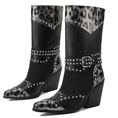 GOSERCE Black Cowboy Boots for Women Mid Calf Cowgirl Boots with White Wings Pattern Pointed Toe Chunky Heel Pull Up Tabs3