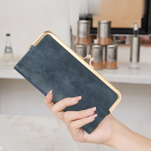 Image of GOIACII Womens Wallet Kiss Lock Bifold Leather Wallets for Women Blue | Vintage Wallet for Women,Ladies Clutch Purse,Women's Card Holder Wallet with Zipper