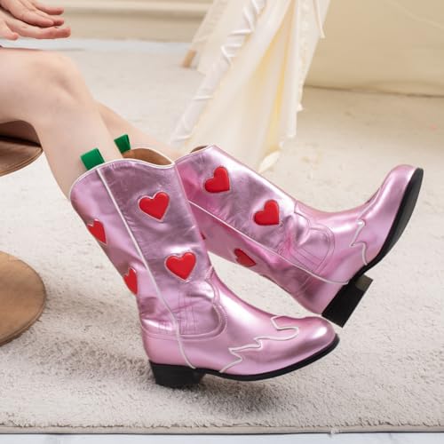 Kids Cowboy Boots Unisex Mid-calf Metallic Western Cowgirl Booties Splicing Riding Round Toe Pull on Long Boots for Boys/Girls3