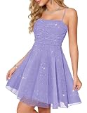 Meetjen Vestido de cóctel brillante para mujer, acampanado, tul fruncido, lentejuelas, vestido corto de graduación para adolescentes, fiesta de verano 2026, morado, L