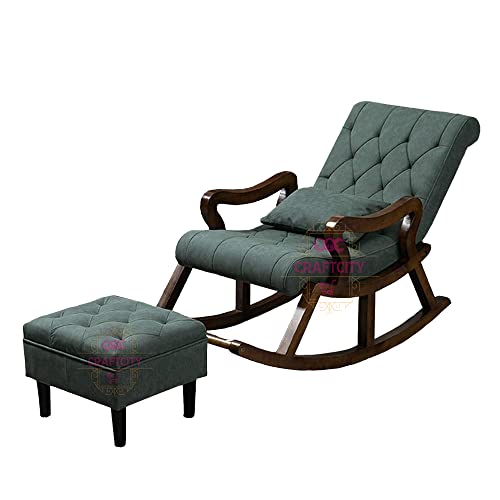 Image of CRAFTCITY Sheesham Wood Elegant Chair with Pillow and Matching Foot Stool /Living Room Chair /Rose Wood Rocking Chair,Pre-Assembled (Swed Green, Rocking Chair with Ottoman)