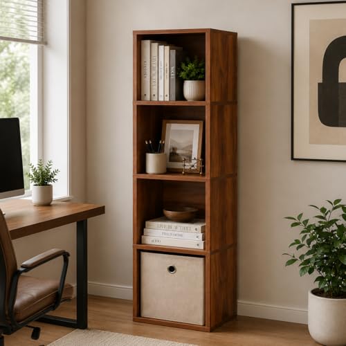 Image of 4 Cube Storage Organizer Wooden Bookshelf, 4 Cube Shelf Bookcase, Small Bookshelf Storage Organizer, 4 Cube Storage Shelf for Bedroom, Small Bookshelf for Living Room and Office (Natural)