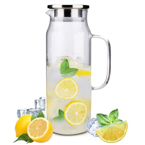 1.5 Litre/50.7 Onces Carafe Eau avec Couvercle et Anse, Pichet Verre Borosilicaté Transparent pour Eau Chaude Froide,Cruche Jus Fruits Résistant Chaleur, Carafe Boissons pour Lait, Café,Vin,Thé Glacé