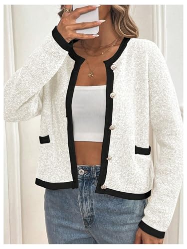 Image of MakeMeChic Women's Knitted Cardigan Sweater Casual Button Front Long Sleeve Crew Neck Sweaters Tops White Medium
