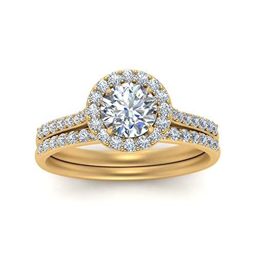 Image of Choose Your Gemstone Round Halo Ring with Matching Pave Band Yellow Gold Plated Round Shape Wedding Ring Sets Everyday Jewelry Wedding Jewelry Handmade Gifts for Wife US Size 4 to 12