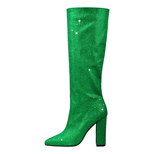 Richealnana Women's Rhinestones Block Heel Long Boots Pointed Toe Knee High Booties For Party Prom