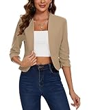 LADI TREND Khaki Cropped Blazers for Women Open Front 3/4 Ruched Sleeve Short Blazer Collarless Tailored Jacket Suits,S