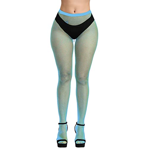 Confonze Fishnet Stockings Womens High Waist Tights Sexy Sheer Mesh Pantyhose (Blue_S Hole)