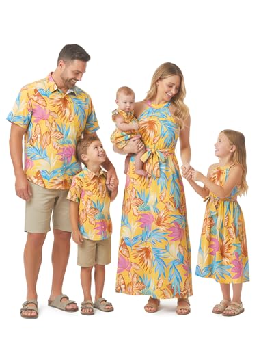 Image of PATPAT Family Hawaiian Matching Outfits - Mommy and Me Vacation Outfits | Halter Sundresses and Button Down Shirts,Caribbean Vacation Summer Tropical Outfits,Hawaiian Boho Tropical Floral Printed