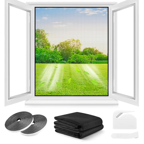 Fliegengitter Fenster ohne Bohren,DIY 130x150cm,2 Stück, Verdicktes Netz,Insektenschutz Fenster mit Klettband+Zuschneider+Presshilfe,Schwarz