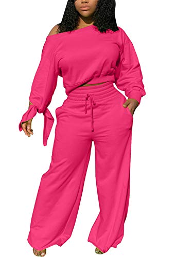 Meenew Women's 2 Piece Outfit Loungewear Off Shoulder Knot Long Sleeve Crop Top Wide High Waist Leg Pants Sets Rose Red XL