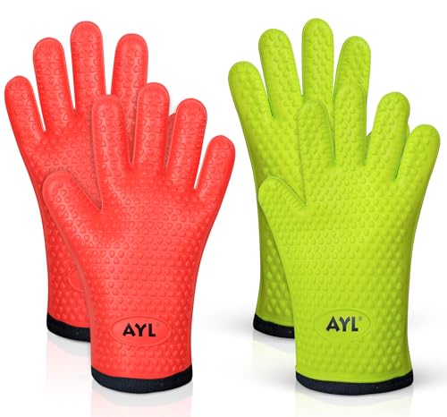 AYL Grilling Gloves, Heat Resistant Gloves BBQ Kitchen Silicone Oven Gloves, Safe Handling of Hot Food, Pots and Pans for Barbecue, Cooking, Baking - Internal Protective Cotton Layer