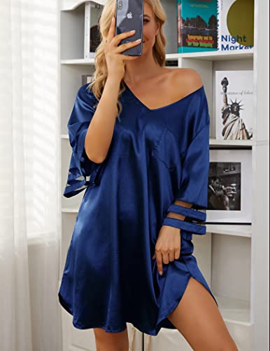 Czdolay Women's Nightgown Novelty Sleepshirts V Neck Sleep Shirt Loose Comfy Pajama Sleepwear (Navy Blue, Xl) #TOP5
