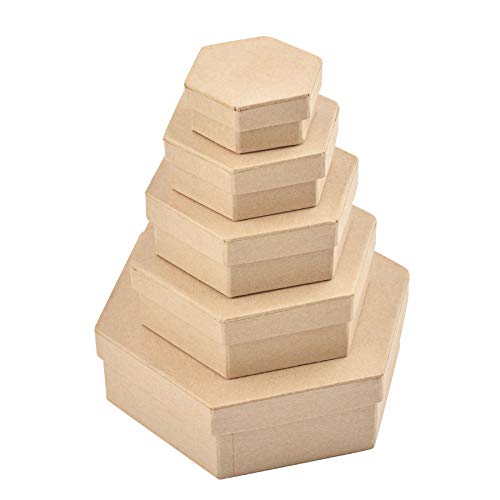 WANDIC Paper Mache Box, Set of 5 Hexagonal Mini Kraft Paper Boxes with Lids Ideal for Crafting & Storage Accessories Cosmetics Jewelry Gifts Home