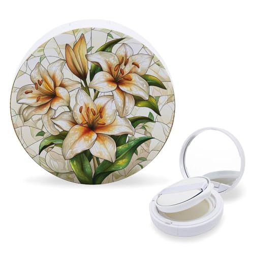 Hayyett Lily Flower Stained Glass Air Cushion Puff Box Portable Cosmetic Makeup Case Container,Loose Powder Foundation Container