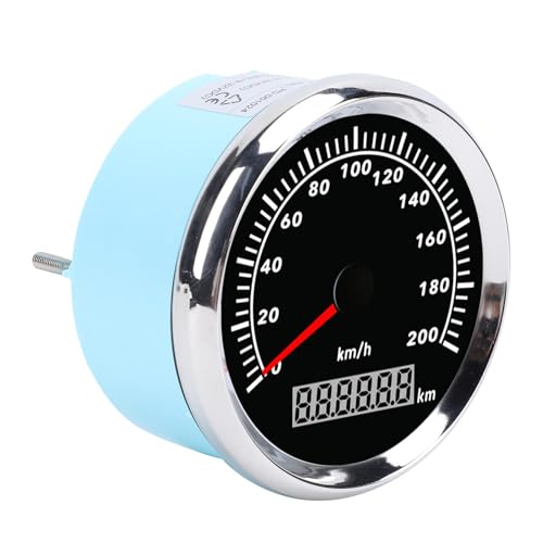 85mm Marine Speedometer, Boat Speedometer Stepper Motor 200KM Red Pointer Speed Gauge with 7 Color Backlight for Yacht RV Truck Motorcycle Silver Bezel Black Dial