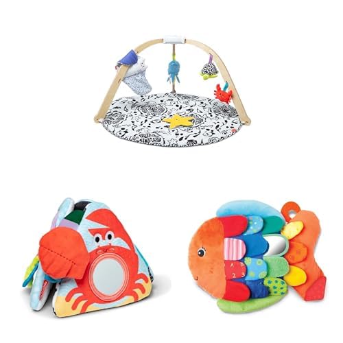 Melissa & Doug Ocean Baby Play Set: Wooden Play Gym with 5 Sensory Toys & Play Mat, Tummy Time Triangle (0-6 Months), and Flip Fish Soft Book with Mirror (0-9 Months)