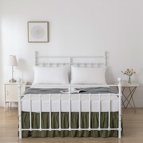 Bed Skirt Queen Size Ruffled Bed Skirt with Split Corners, 16 Inch Drop Dust Ruffle Bed Skirts with Platform, Tufted Boho Bed Skirting, Striped, Green, 16" Queen