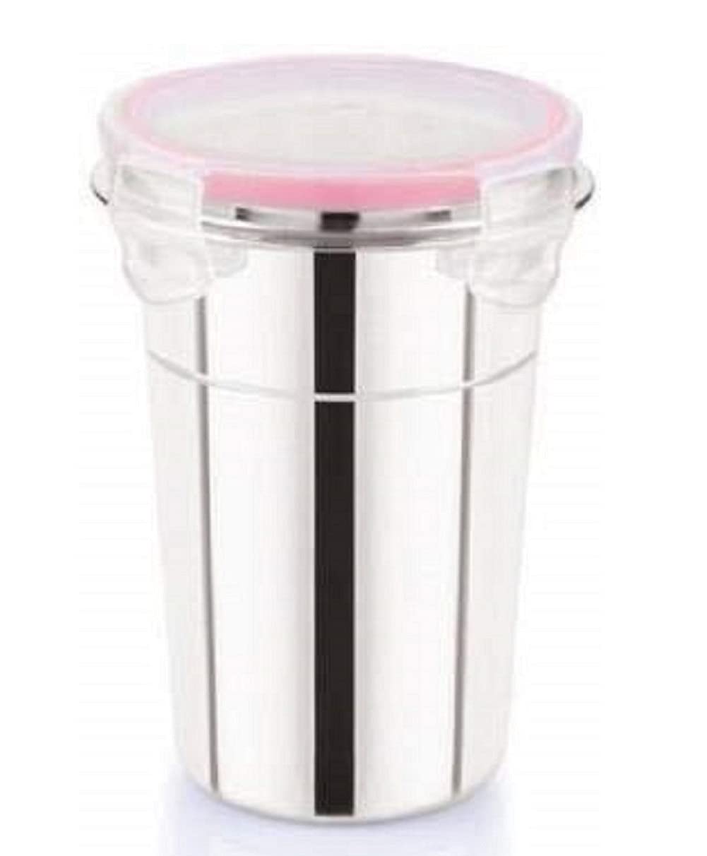 SVShoperzone Stainless Steel Glass Tumbler with Lid Cap Cover Click & Seal Lock Leak Proof Freezer Safe Air Tight Transparent Silicon Gasket 400 ML (Steel) (400 ml)
