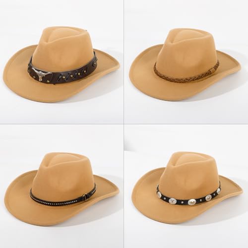 Image of 2 Pack Western Cowboy Hats for Women Men 4 Different hat Bands | Classic Felt Wide Brim Costume Cow Boy Hat Curved Brim Cowgirl Hat