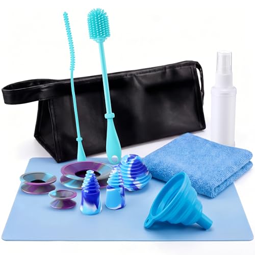 Enhon 13 Piece Glass Cleaning Kit, Reusable Glass Cleaner Kit with Cleaning Plugs & Caps, Silicone Bottle Brushes, Cleaner, Mat, Folding Funnel, Storage Bag & Towel, Effortless Washing & Easy Storage