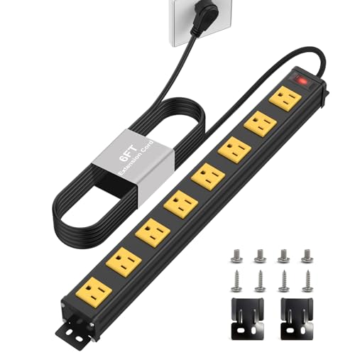 Image of 8 Outlet Wall Mount Metal Power Strip, 1.97 Inch Wide Spacing Flat Plug, 6FT 14AWG Extension Cord with Switch, 15A 1875W ETL Listed for Garage, Workshop, Home