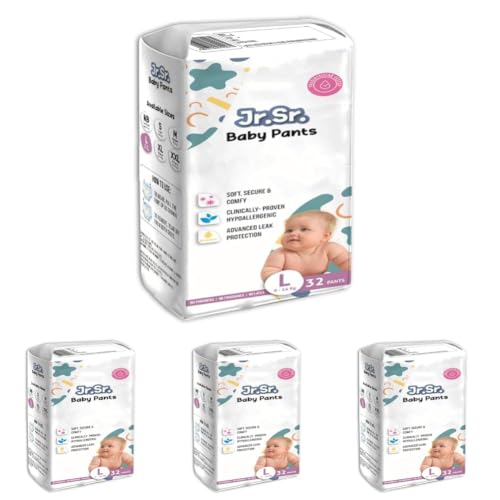 Image of Jr. Sr. Baby Diaper Pants | Large (L) Size (9-14 kg), 32 Count | Pack of 4 | Upto 12 hr Absorption with Advanced Leak Protection | Safe For Babies Skin | Soft, Secure & Comfy