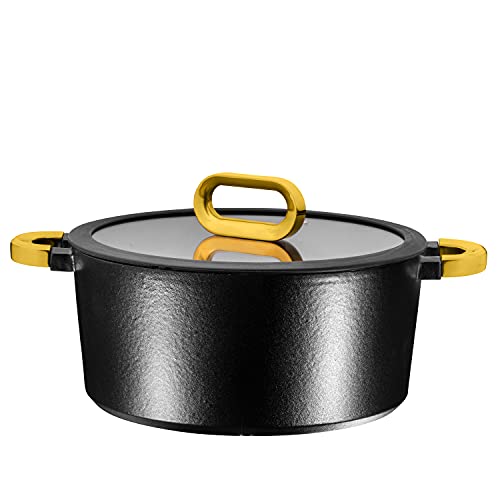 Bruntmor Cacerola de hierro fundido esmaltado antiadherente de 4 cuartos de galón con mango dorado y tapa de vidrio, horno holandés esmaltado brillante, color negro Cover