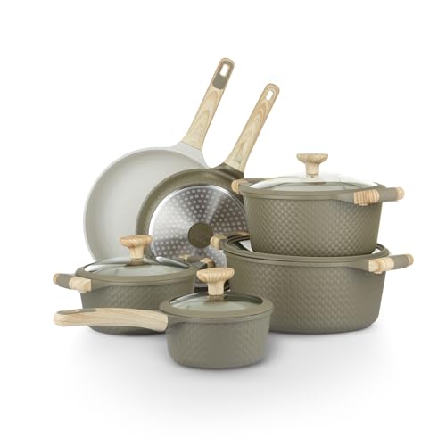 KASANOVA Bambù 10Pcs Cookware set, Die-cast Aluminum pots and pans, Nonstick frying pans and casseroles, Induction safe, PFOA-free (Green and Cream, 10 pcs)