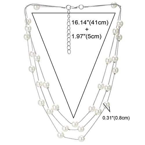 Long Statement Necklace, White Faux Pearl Layered Necklace, Three-Strand Chains with Beads, Elegant Dress4